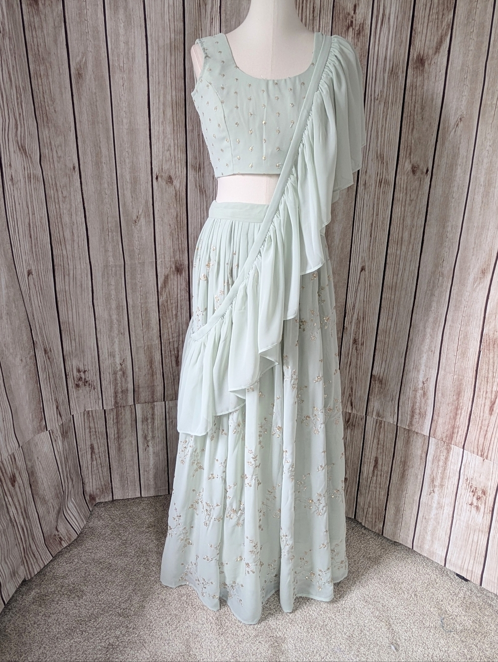 Mint Green Ruffled Saree-Inspired Lehenga Set